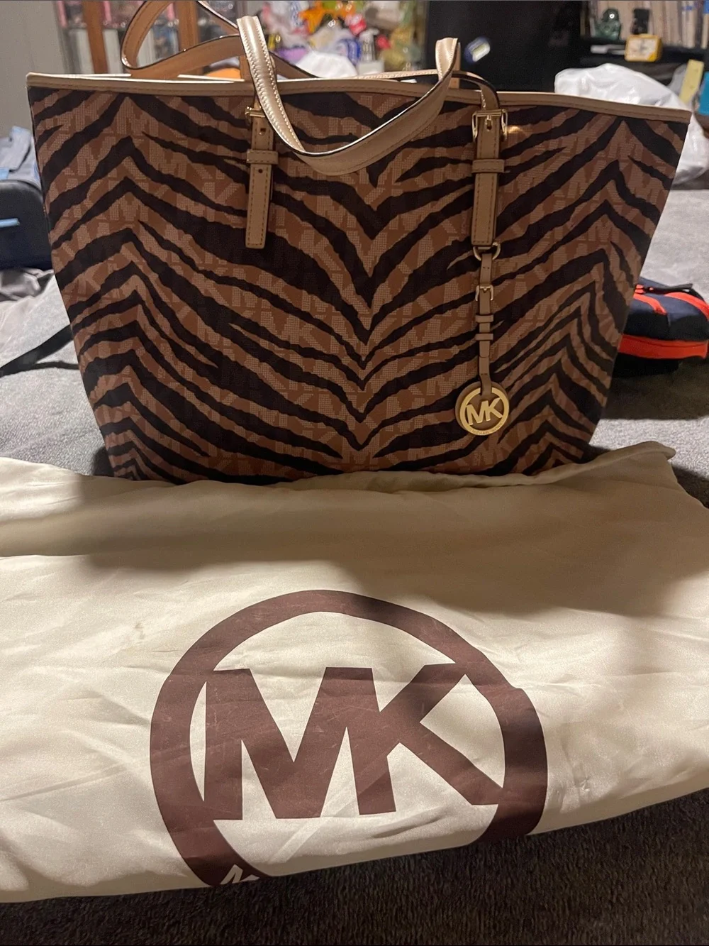 Michael Kors Brown and Tan Zebra-Print Tote with Gold MK Charm
